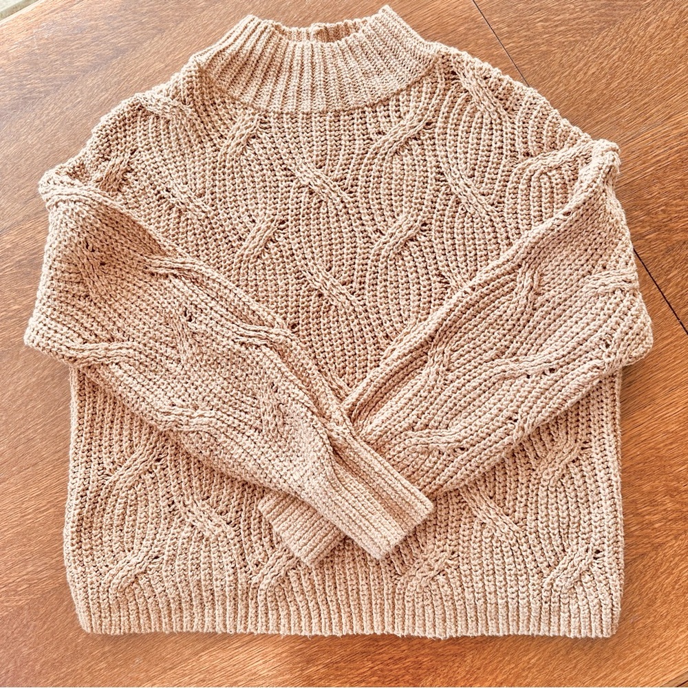 American Eagle Womens Mock Neck Cable Knit Long Sleeve Sweater Tan Med